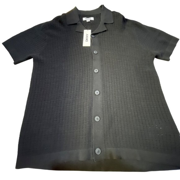 DKNY Mens  Size M Black Short-Sleeve Open-Knit Button-Up Shirt - Picture 2 of 11